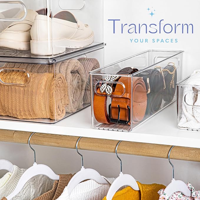 Plastic Food Storage Clear Container Bin with Handles for Organizing Kitchen, Pantry, Refrigerator, Freezer, Pantry, Cabinet, Closet, Bathroom. 14”x4”x5”