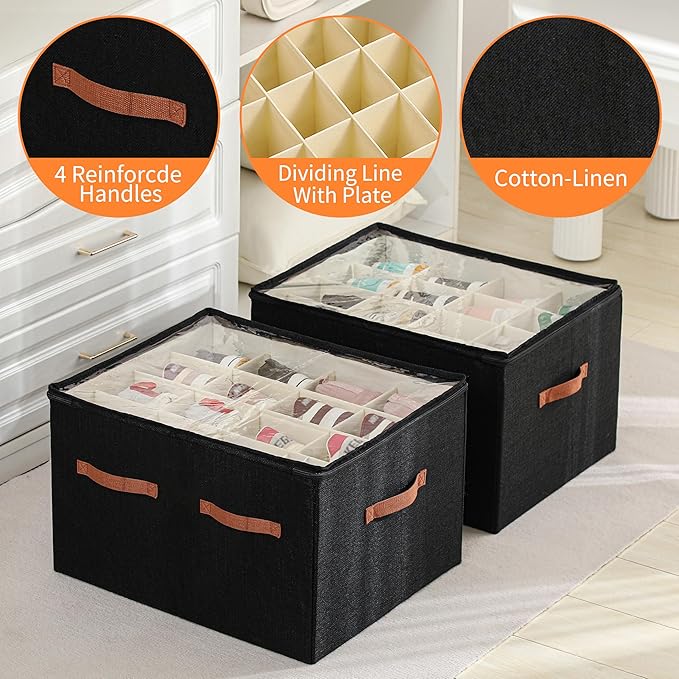Shoe Organizer for Closet, Foldable Large Shoe Storage Box with Clear Cover, Removable Partitions and Bottom are Supported by Plastic Boards (Black, 20.5“Lx16.9 Wx13'H)