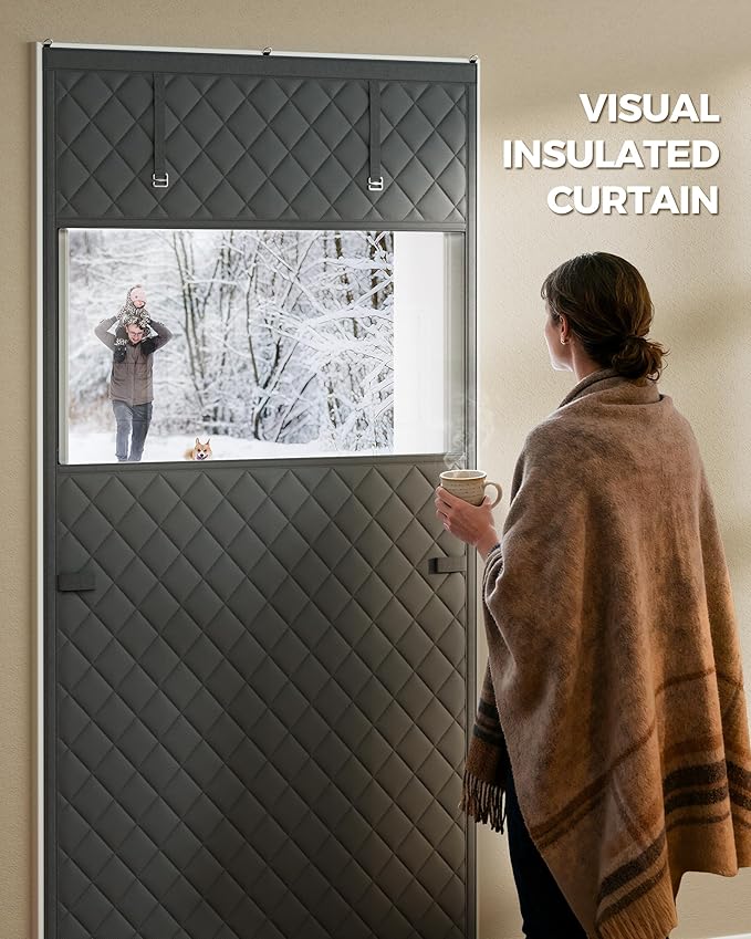 Thermal Insulated Door Curtain Fits Door Size 38 x 83 Inch, Oxford Cloth Thicken Cotton Fiber, Curtain Size 41" x 85", Single Piece Screen Insulation Cover to Keep Warm, with Clear Windows