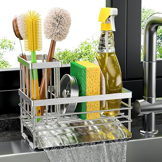Cisily Sink Caddy Sponge Holder for Kitchen with Brush Holder and Stainless Steel Self Drain Tray, Rustproof Kitchen Sink Organizer for Sponge, Soap Dispenser Storage Accessories (Stainless Steel)