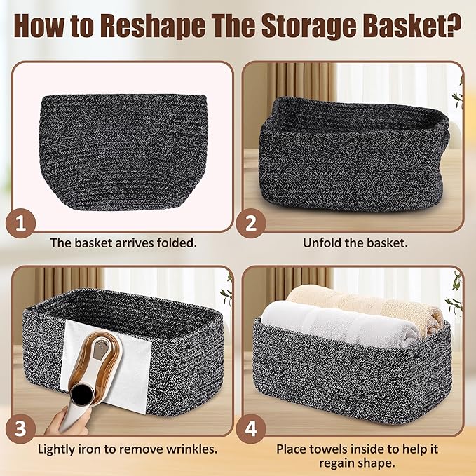 5-Pack Small Woven Rope Storage Baskets – 2 Sizes Organizer Bins for Closet, Shelf, Bookshelf, Nursery, Changing Table, Fabric Cube Boxes, Rectangular Shallow Bins for Bathroom, Toy & Home