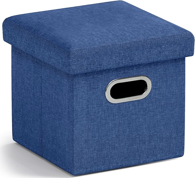 Ornavo Home 12 Inches Small Storage Ottoman with Handles, Foldable Collapsible Cube Square Linen Ottoman Foot Rest Stool Seat, for Living Room, Bedroom, Home Office, Dorm, Navy Blue