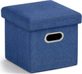 Ornavo Home 12 Inches Small Storage Ottoman with Handles, Foldable Collapsible Cube Square Linen Ottoman Foot Rest Stool Seat, for Living Room, Bedroom, Home Office, Dorm, Navy Blue