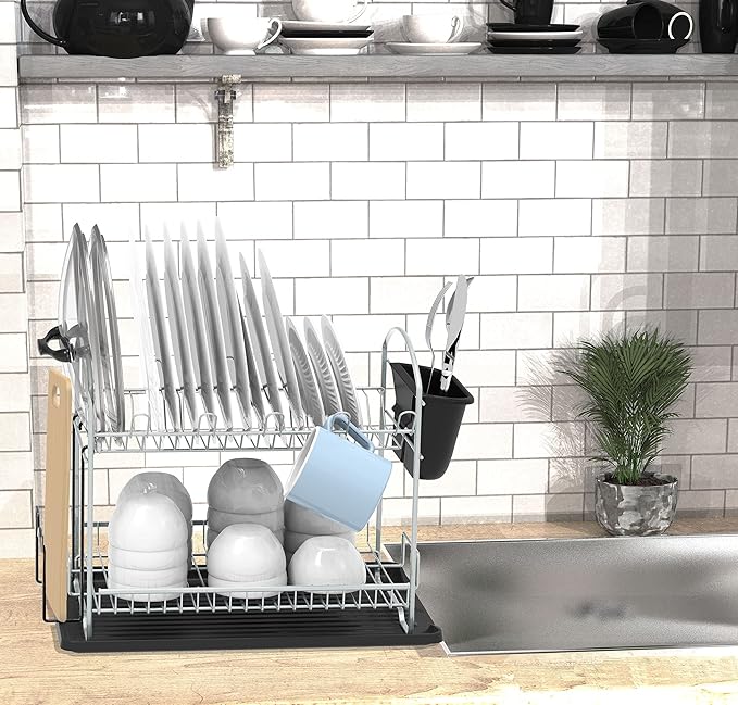 Simple Houseware 2-Tier Dish Rack with Drainboard, Silver