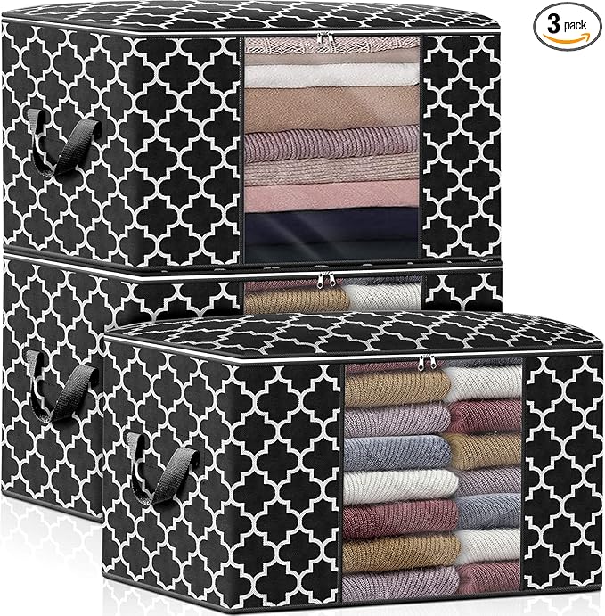 WISELIFE Storage Bags 100L 3-Pack Large Blanket Clothes Organization and Storage Containers for Bedding, Comforters, Foldable Organizer with Reinforced Handle, Clear Window, Sturdy Zippers, Black