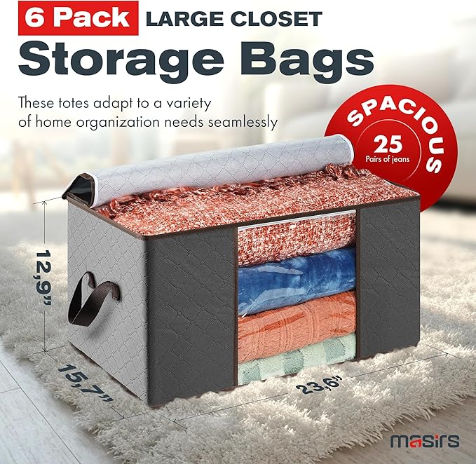 Masirs Storage Bags For Clothes - 6-Pack Collapsible Organizers for Blankets, Bedding & Clothes - Large 90L Zip Bags with Handles - Clear Durable Containers for Closet Organization (Grey)