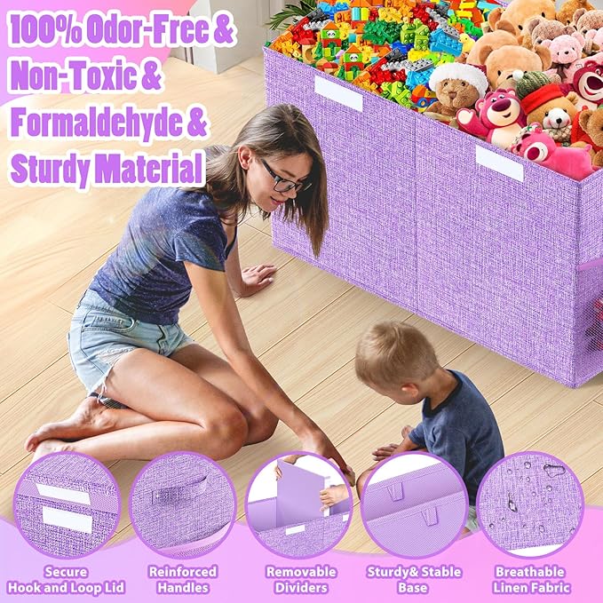 Large Toy Storage Box with Lid Divider, Sturdy Collapsible Toys Organizer Chest Kids Storage Bins Boxes Baskets for Boys, Girls, Nursery, Bedroom, Living Room, Playroom, 25"x13"x16", Purple