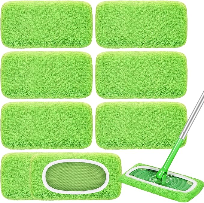 8 Pack Reusable Mop Pads Compatible with Swiffer Sweeper, Coral Fleece Washable Swiffer Mop Pads, Dry & Wet Sweeping Mopping Cloths (Green, Not Included Mop)