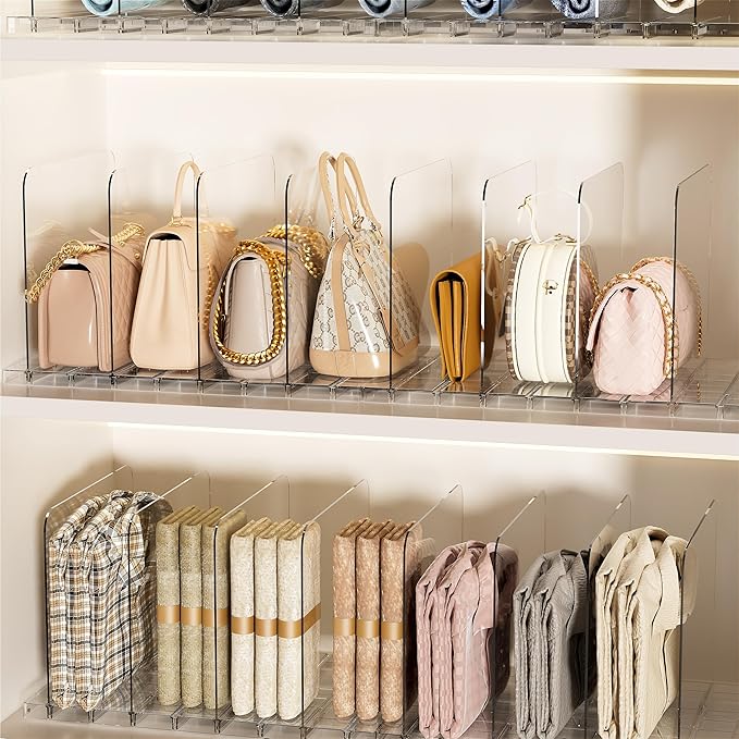 JOYZAN Stackable Purse Organizer for Closet, Adjustable Closet Purse Organizer, Clear Acrylic Shelf Dividers, Detachable Handbag Storage Separator Dividers for Home, Office - 2 Pack