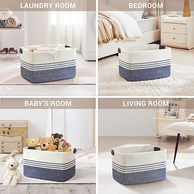 60L Large Laundry Basket with Leather Handles for Living Room Storage, Woven Rope Baskets Bin for Blanket, Kids Toy, Gifts, Wicker Hamper for Bedroom Dirty Clothes, 21"x15"x11" Denim Blue