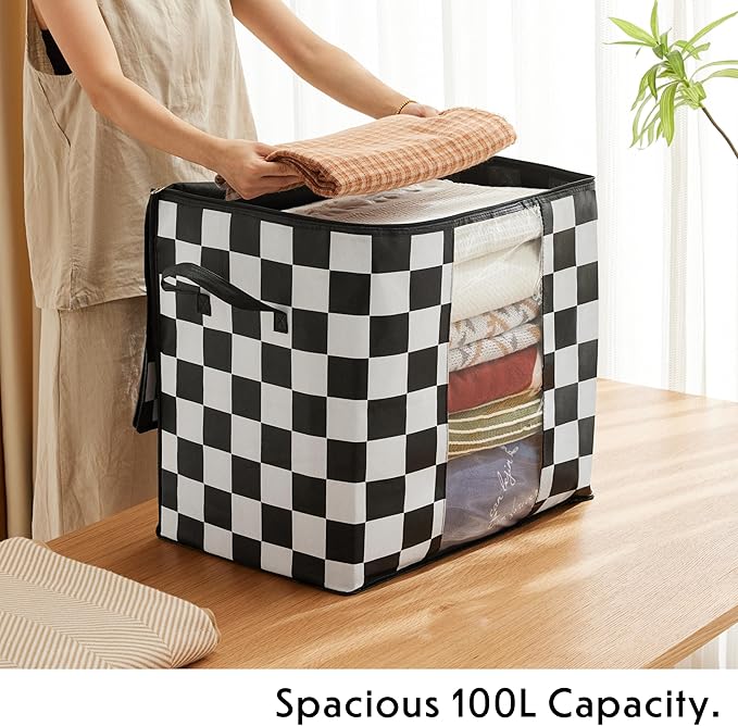 Black and White Checkered Clothes Storage Bins, 100L Large Blanket Storage Bags 3 Pack, Closet Organizers and Storage Containers for Comforters, Bedding, Foldable Organizer with Handle