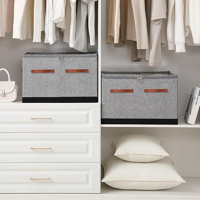 Shoe Organizer for Closet, Foldable Large Shoe Storage Box with Clear Cover, Removable Partitions and Bottom are Supported by Plastic Boards (Grey-Black, 20.5“Lx16.9 Wx13'H)