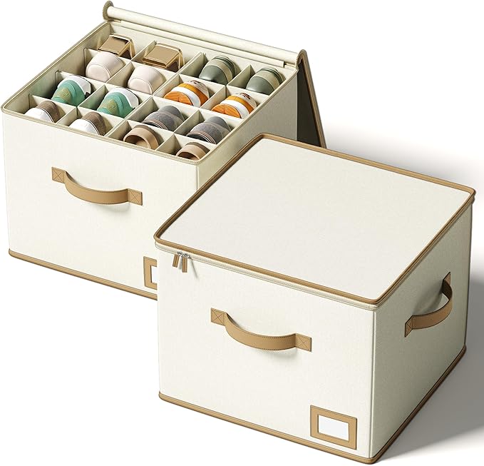 Vailando Shoe Organizer for Closet – Square Shoe Storage Box with Adjustable Dividers, Foldable Shoe Organizer for Shoes & Boots, Beige, 2-Pack, Large