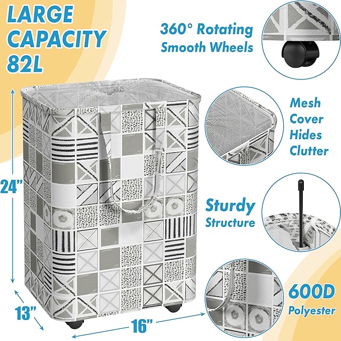 Simple Houseware Large 82L Laundry Basket with Wheels, Collapsible Waterproof Hamper with Handles and Mesh Cover, Geometric Gray