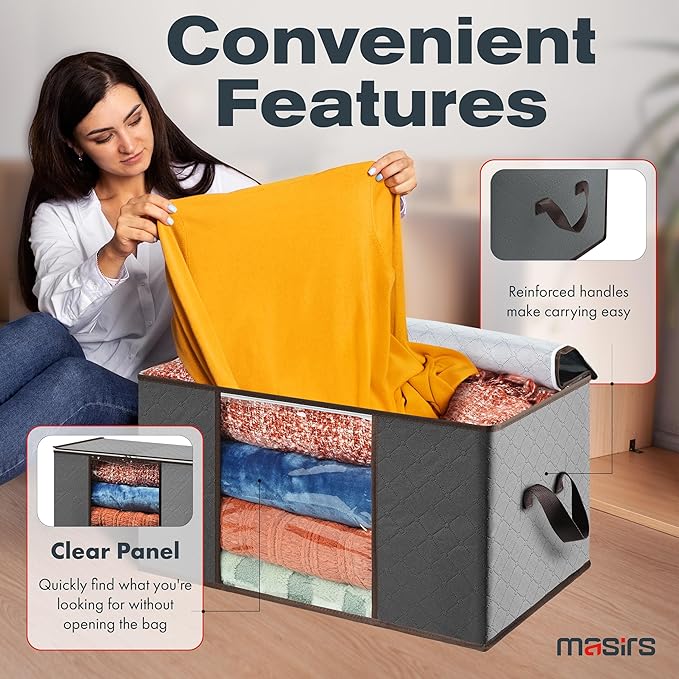 Masirs Storage Bags For Clothes - 6-Pack Collapsible Organizers for Blankets, Bedding & Clothes - Large 90L Zip Bags with Handles - Clear Durable Containers for Closet Organization (Grey)