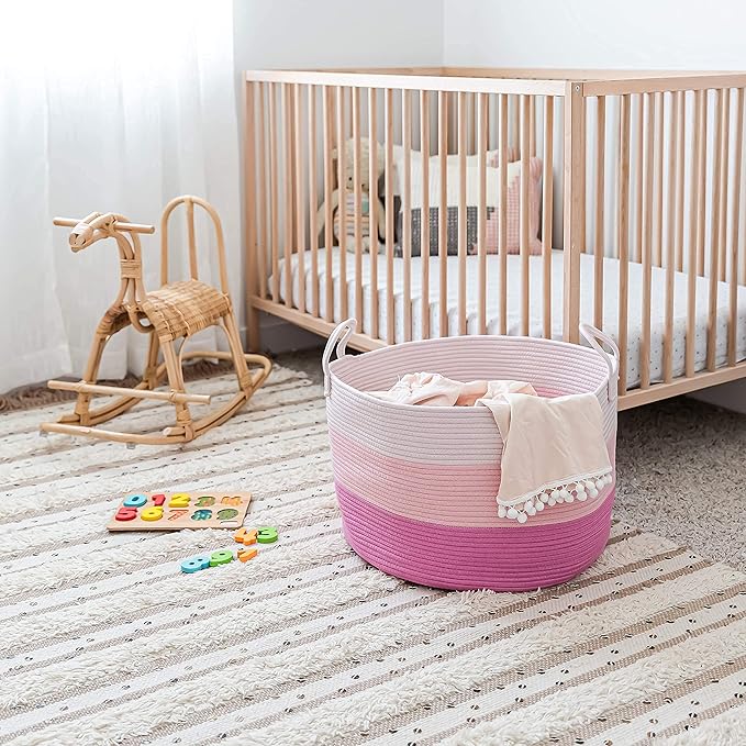 OrganiHaus Large Woven Storage Basket for Blankets and Toys 20" x 13" Inch, Rope Laundry Basket with Handles, Cushions & Pillows Storage Bin, Nursery Hamper, Soft Round Dog Toy Bin - Pink