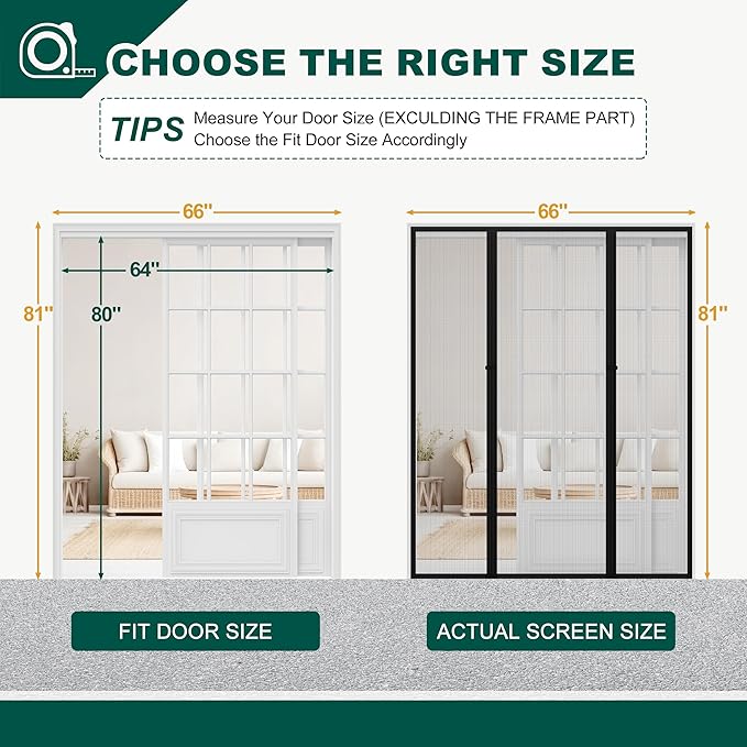 Magnetic Screen Door, Fits Door Size 64" X 80", Door Mesh with Magnetic Closure and Super Strong Magnets, Heavy Duty Double Opening for Sliding Patio and French Doors