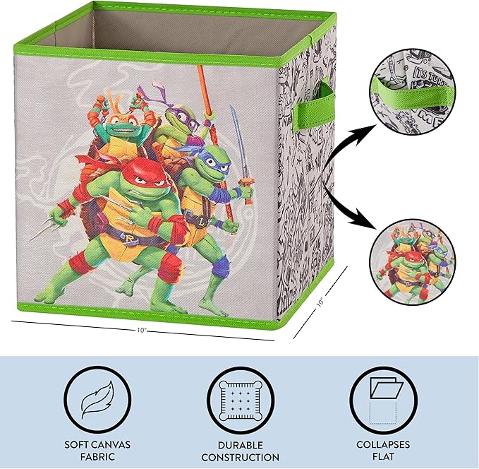 Teenage Mutant Ninja Turtles: Mutant Mayhem Storage Cubes – Set of 2 Collapsible Fabric Bins, 10x10 Inch - Kids Toy Organizer Baskets for Bedroom, Playroom, Closet – TMNT Room Decor