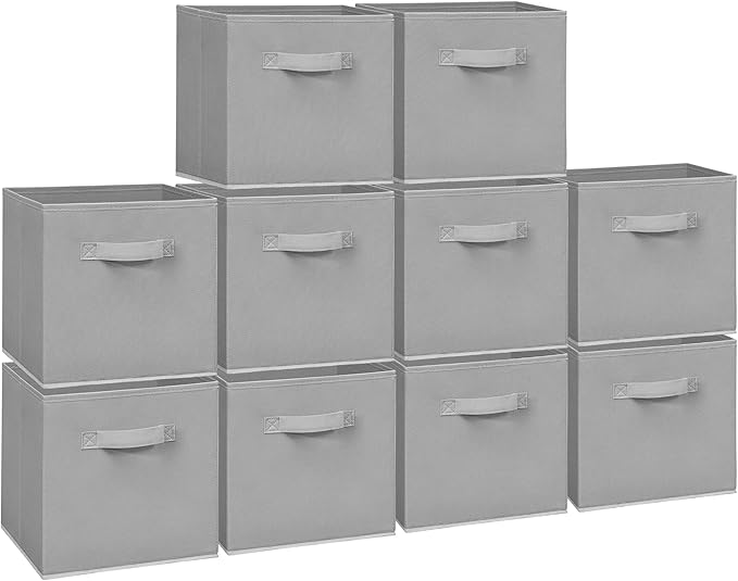 Easi Storage Cubes, 11 Inch Storage Bins, Set of 10, Foldable Fabric Cube Storage Organizer With Handles, Closet Cube Storage Bins, Collapsible Cubby Storage Organizer for Shelves,Offices, Gray