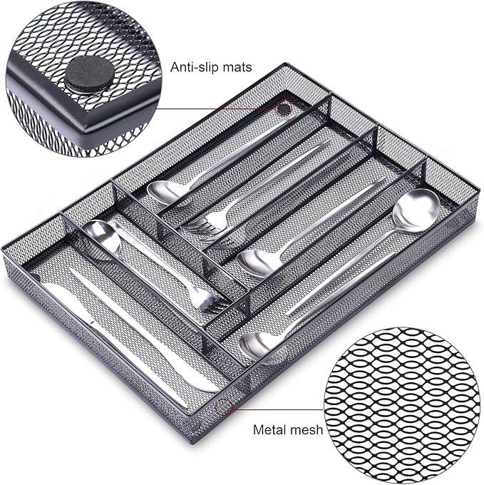 WuGeShop 6 Compartments Metal Mesh Kitchen Flatware Organizer Tray, Silverware Drawer Organizer/Utensil Holder and Cutlery Tray with Non Slip Mat (Black)
