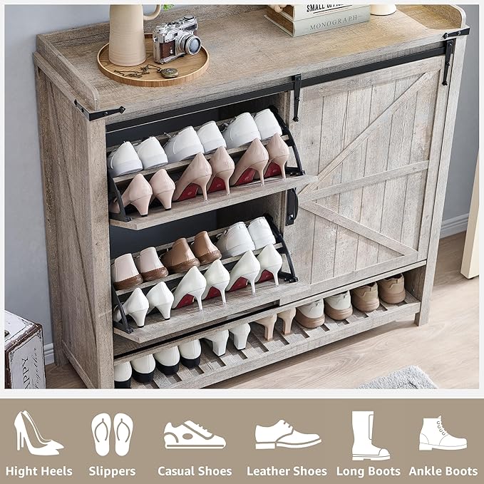 OKD Shoe Storage Cabinet with 2 Flip Drawers & Sliding Door, Farmhouse Entryway Shoe Organizer, Freestanding Rustic Hidden Shoe Rack Cabinet for Entryway, Light Rustic Oak
