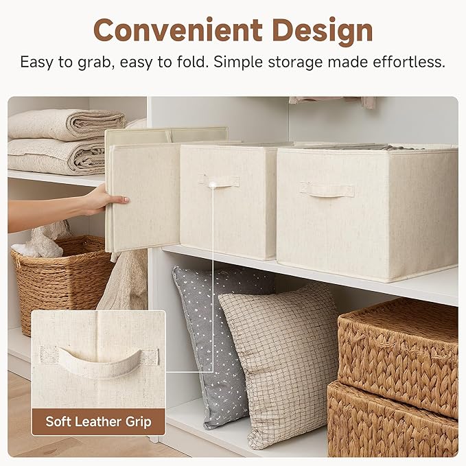 StorageWorks Closet Organizers and Storage Bins, Shelf Baskets for Clothes Storage, Fabric Storage Bins for Organization, Beige(Cotton-linen), 3-Pack, Extra Large