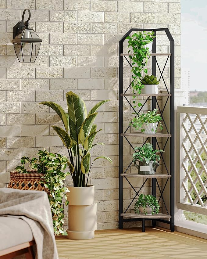 5-Tier Corner Shelf, Industrial Corner Bookshelf, 59.4" Corner Storage Stand, Plant Stand Display Shelf, Corner Bookcase for Bedroom, Living Room, Home Office, Greige and Black TCJ10BG