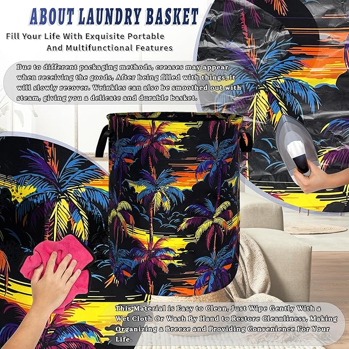 Colorful Palm Tree Laundry Basket Foldable Oxford Cloth Hawaii Laundry Hamper With Handle Portable Clothes Storage Organizer Basket 18.9"x16.5" Storage Bag For Laundry Room/Bathroom/Bedroom