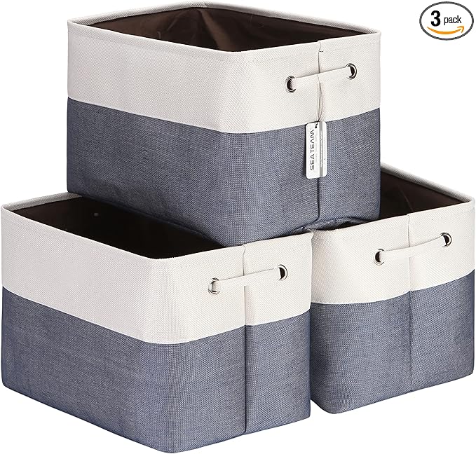 Sea Team 3-Pack Large Storage Basket Set, Trunk Organizer, Clothes Toys Bin, 15 x 10 x 10 Inches, Big Rectangular Canvas Fabric Collapsible Shelf Box with Handles for Kids Room (Denim/White)