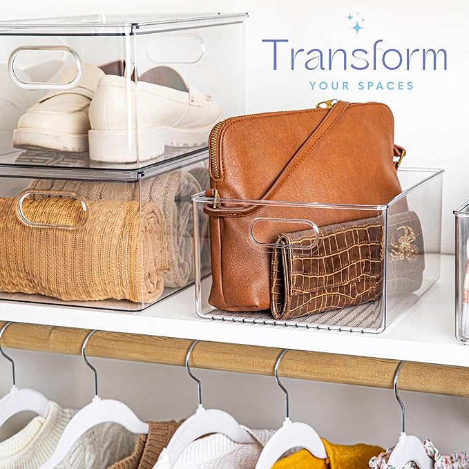 primebox 6 Pack Clear Plastic Organizer Bins with Handles for Home Organization. Storage Containers for Organizing Fridge, Freezer, Cabinet. Pantry, Great for Kitchen, Garage, Laundry Room. 10"x8"x5"