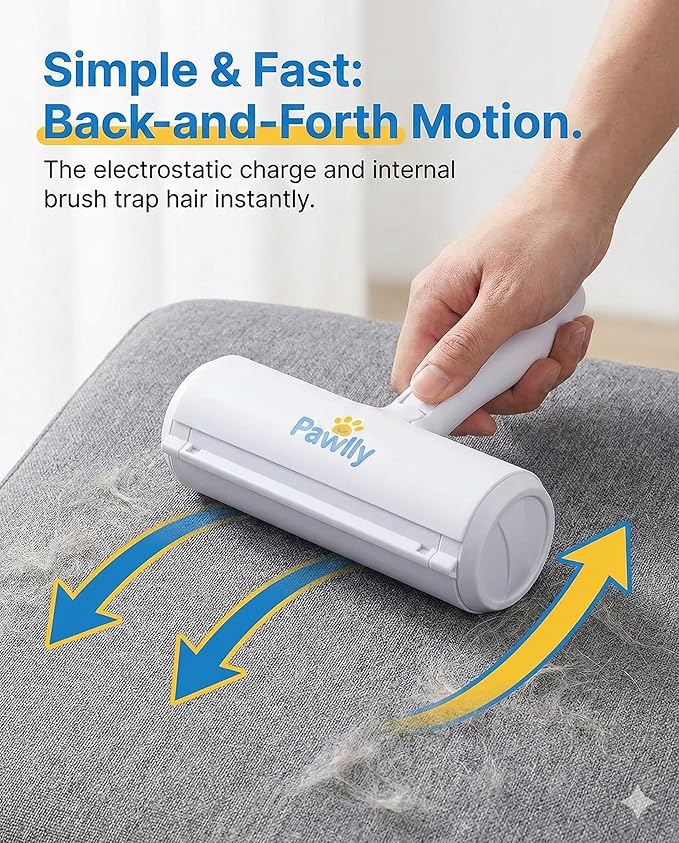 Pawlly Pet Hair Remover Roller – Reusable Lint Roller for Pet Hair, Dog & Cat Hair Remover – Self-Cleaning Fur Removal Tool for Couch, Sofa, Furniture, Carpet, Car Seats & Bedding – No Refills Needed
