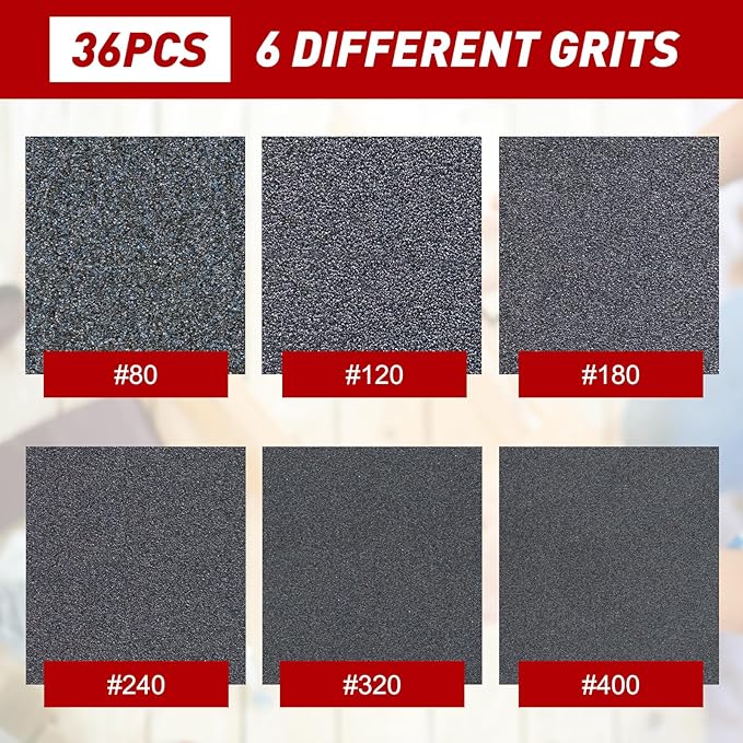 36 Pcs Sanding Sponge 80/120/180/240/320/400 Grit Sandpaper Assortment, Washable & Reusable Sanding Blocks for Wood, Metal, Drywall, Glazing, Wet Dry Sandpaper for Smooth Finishing