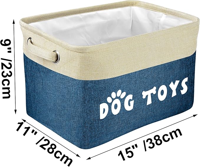 PET ARTIST Dog Toy Basket, Collapsible Dog Toy Bin Box with Comfortable Handles, Large Pet Toy Storage Basket Organizer for Accessories, Toys, Coat & Clothing, Blanket & Leash, Navy Blue, 15"x11"x9"