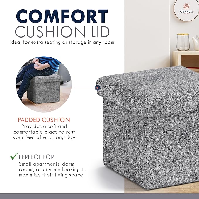 Ornavo Home Small Storage Ottoman Foldable Collapsible Cube Square Linen Ottoman Foot Rest Stool Seat, for Living Room, Bedroom, Home Office, Dorm - 12 x 12 x 12, Gray