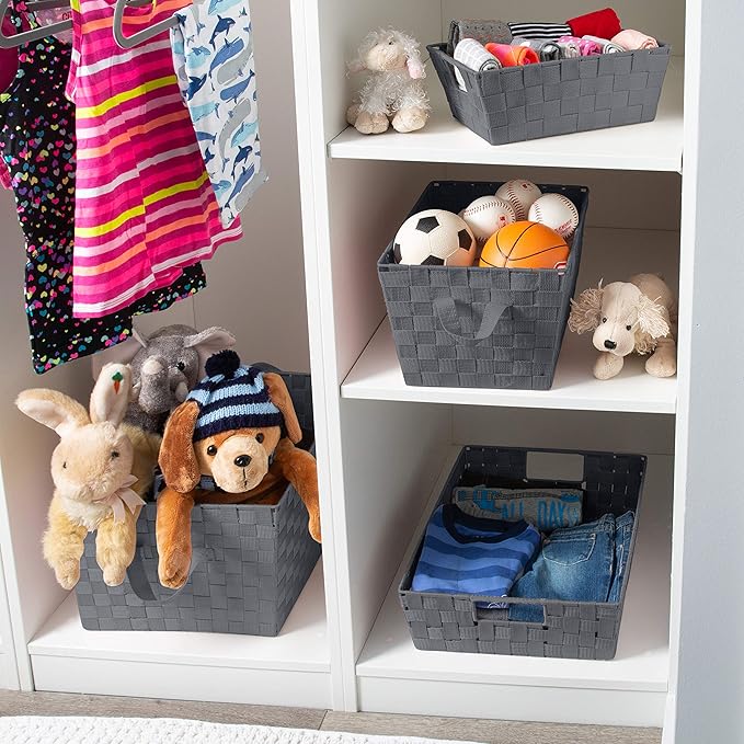 Simplify 2 Pack Large Storage Shelf Totes with Woven Strap in Grey | Decorative | Baskets | Organization | Accessories | Drawer | Desk | Closet | Bathroom | Bedroom | Nursery | Toys | Gifts