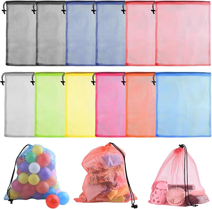 PLULON 15 Pcs Mesh Bag Drawstring Mesh Laundry Bags, 13 x 15.5 Inch Nylon Drawstring Bag for Pool Beach Ball Toys Storage Bag for Collecting Travel Sports Gym (Multicolor)