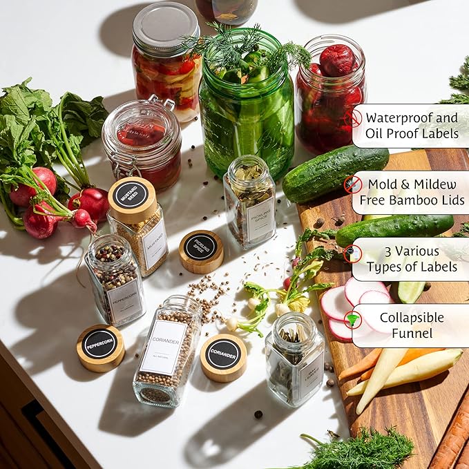 Glass Spice Jars with Label Set, Bamboo Lids & Funnel - Kitchen Airtight Storage Jars with Lids - Spices and Seasonings Sets Organizer, Spice Glass Jar with Lid Food Canister Bottle Sugar Shaker