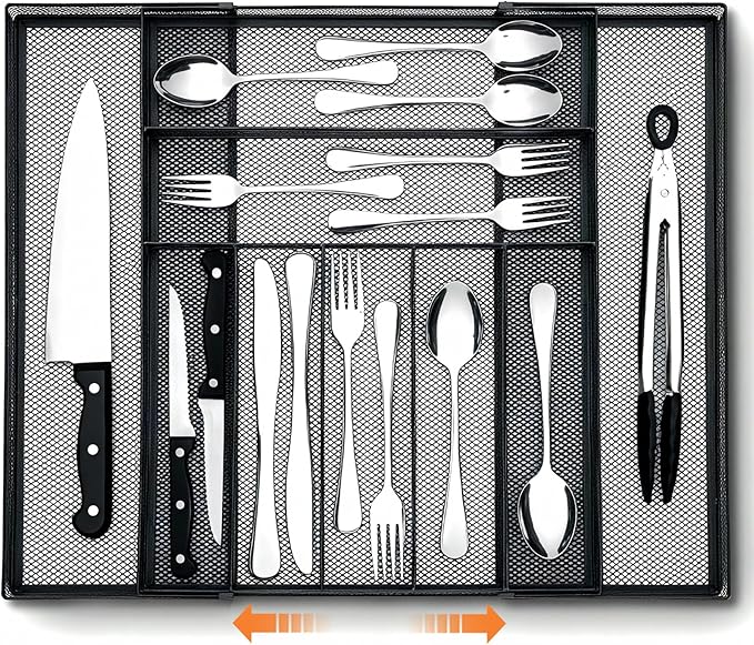 1 Pcs Utensil Drawer Silverware Organizer, Metal Mesh Expandable 13" ~24" Kitchen Drawer Organizer, 7-9 Slots Cutlery Tray Dividers for Kitchen Flatware Christmas Housewarming Gift (Black)