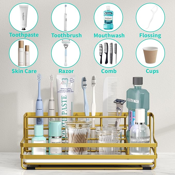 HapiRm Toothbrush Holders for Bathroom - 5 Partitions Bathroom Counter Organizer with Instant Drying Stone, Stainless Steel Countertop Storage Electric Toothbrush Toothpaste Holder - Gold