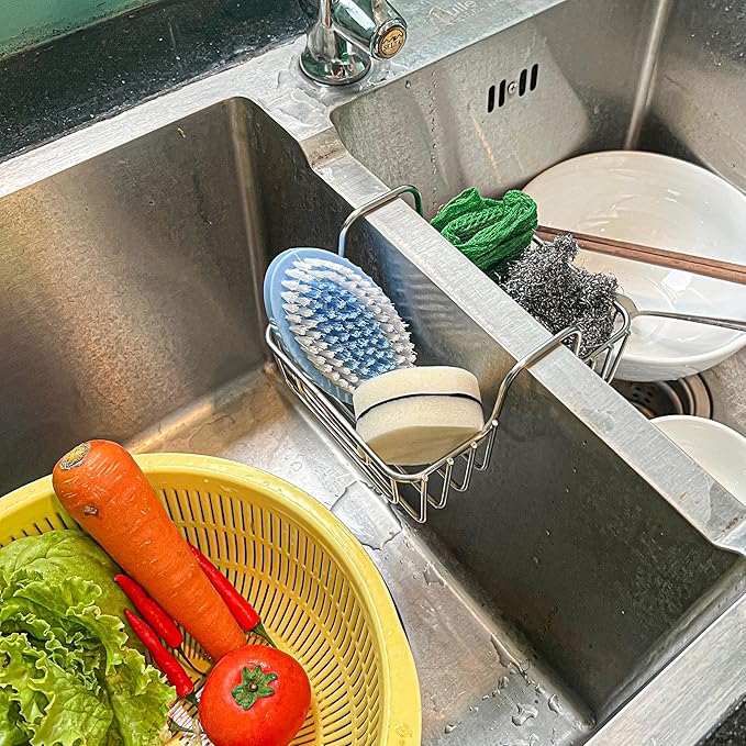 Stainless Steel Sponge Holder for Kitchen Sink - Never Rust Hanging Saddle Double for Soap Kitchen Sink Caddy 2.2 inch, Rustproof Organizer for Dishwashing and Brush Drying