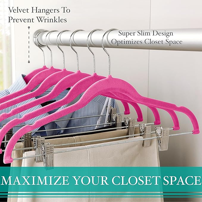 Simplify 24 Pack Velvet Hangers with Clips | Skirt and Pants | Slim Space Saving | Closet Organization | Non-Slip | Prevent Creases | Swivel Neck | Durable | Fuchsia