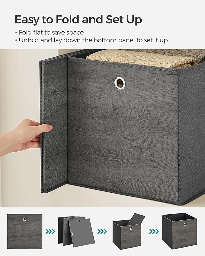 SONGMICS Storage Cubes, Set of 6 Storage Bins with Handles, Foldable Oxford Fabric and Non-Woven Fabric Storage Boxes, 13 x 13 x 13 Inches, Fit Cube Storage Unit, Misty Gray URFB133G01
