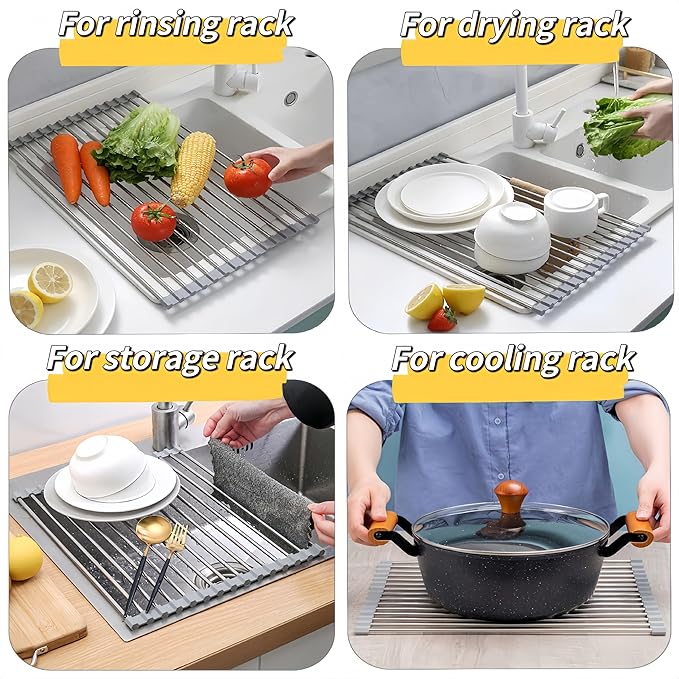 Roll Up Dish Drying Rack, 21.3" x 15.8" Over The Sink Dish Drying Rack, Kitchen Dish Rack Foldable Dish Drainer, Stainless Steel Dish Drying Rack for Kitchen Sink Counter Storage (Grey)