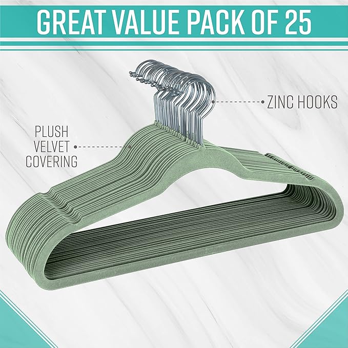Simplify Slim Velvet Clothes Hangers | 25 Pack | Non-Slip | Shirts | Suit | Pants | Dresses | Garments | Closet Storage & Organization | Durable | Sage