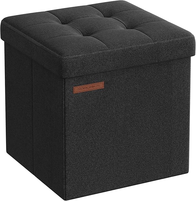 SONGMICS Storage Ottoman, Foldable Small Ottoman Foot Rest, 11.8 Inches Foot Stool, Cube Ottoman with Storage, Load up to 286 lb, for Living Room, Bedroom, Dorm, Ink Black ULSF028B01