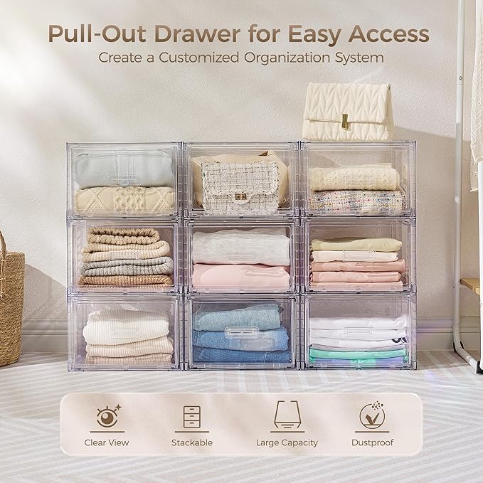 Vtopmart 3 Pack 18QT Clear Stackable Storage Drawers,Easily Assemble Closet Organizers,Plastic Storage Bins for Bathroom,Cabinet,Kitchen Pantry,Under Sink Organization(Medium)