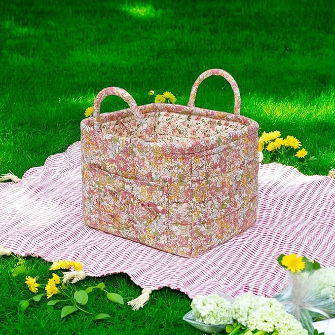 Quilted Fabric Storage Baskets with Handles, Boho Floral Gift Basket Foldable Organizer Bin for Home Decor, Picnic, Travel 12''x10''x10'' (Orange)