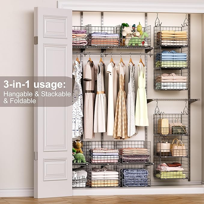 Sonyabecca 3-Tier Hanging Closet Organizer, Foldable Cabinet Wire Storage Basket Bins with 5 S Hooks, Closet Shelves & Hanging Closet Shelf for Clothing, Sweaters, Handbags, Hats