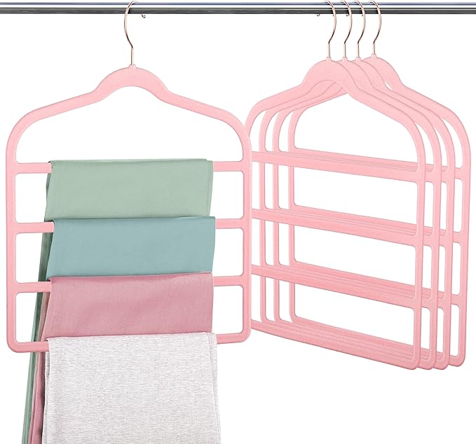 Velvet Pants Clothes Hanger Space Saving Non Slip Pants Shorts Hanger, Myfolrena Jeans Slack Trousers Hangers Multiple Velvet Hanger Closet Storage and Organization for Jeans,Scarf,Tie(Pink, 5)