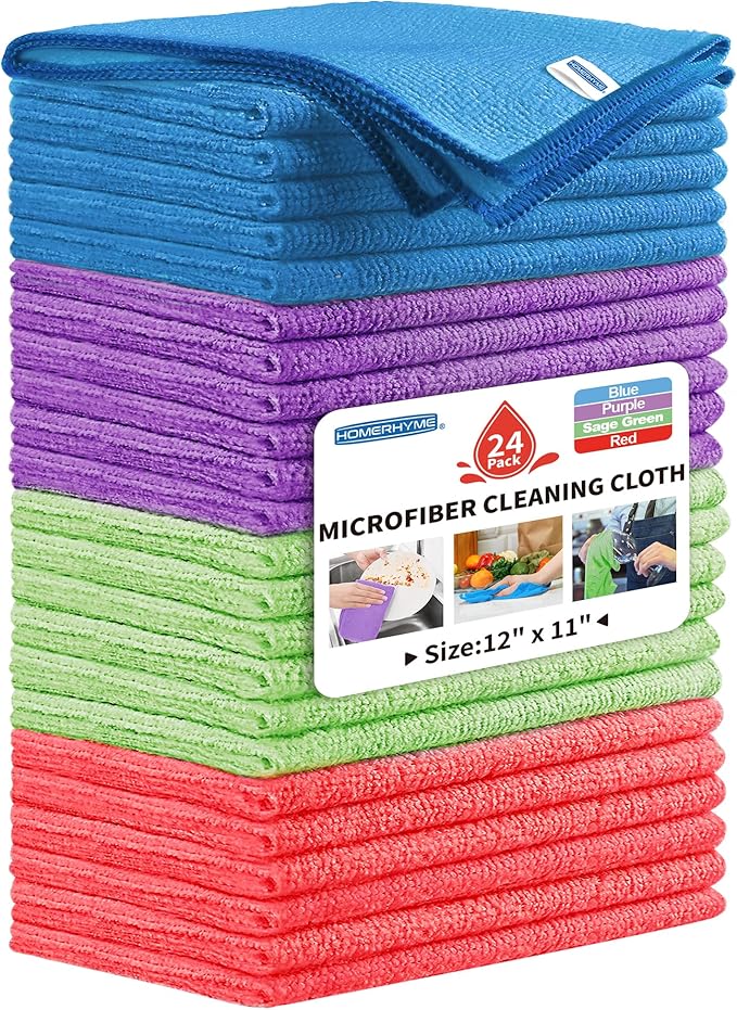 HOMERHYME Microfiber Cleaning Cloth, 24 Pack Cleaning Rags,12" X 11" Lint Free Dish Towels Wash Cloths, Reusable Microfiber Towels for Home and Kitchen Bathroom Apartment Cleaning Supplies, Assorted